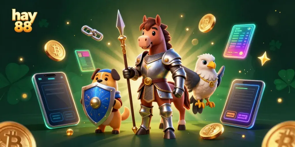 Experience excitement at hay 88 with knights, coins, and casino action in this vibrant illustration.