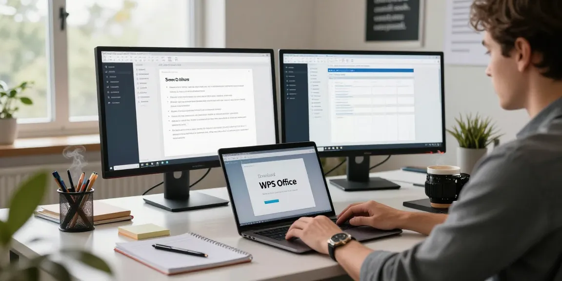 Download WPS Office in a modern workspace setting, showcasing productivity tools and a vibrant office atmosphere