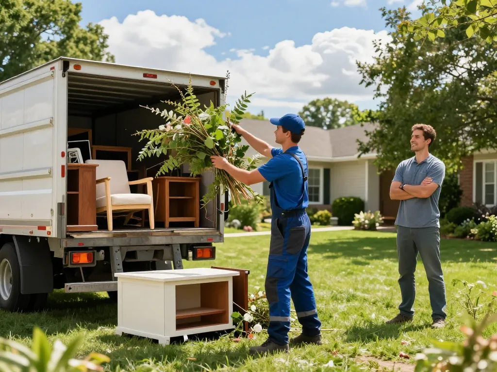 Efficient junk removal services in action, with team loading yard waste.