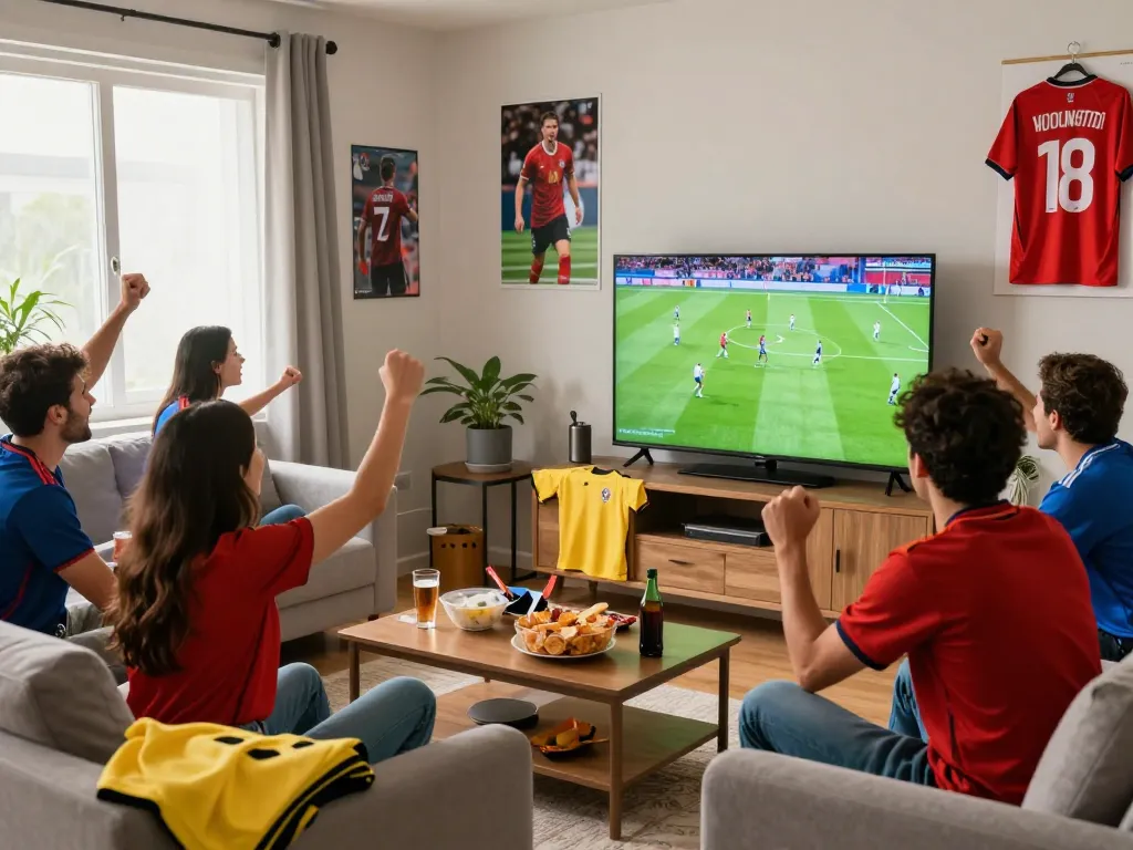 Cakhiatv viewers enjoying a live soccer match in a lively living room, showcasing team spirit and excitement.