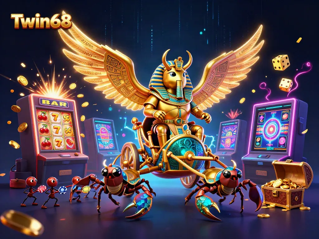 Engage with the vibrant gaming world of Twin68 featuring a golden scarab beetle chariot surrounded by casino elements.