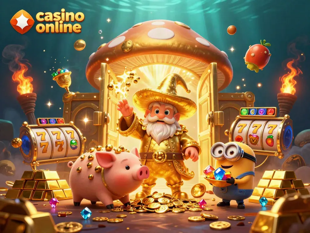 jugando en casino online con un mago dorado que transforma todo en oro y personajes de fantasía detrás