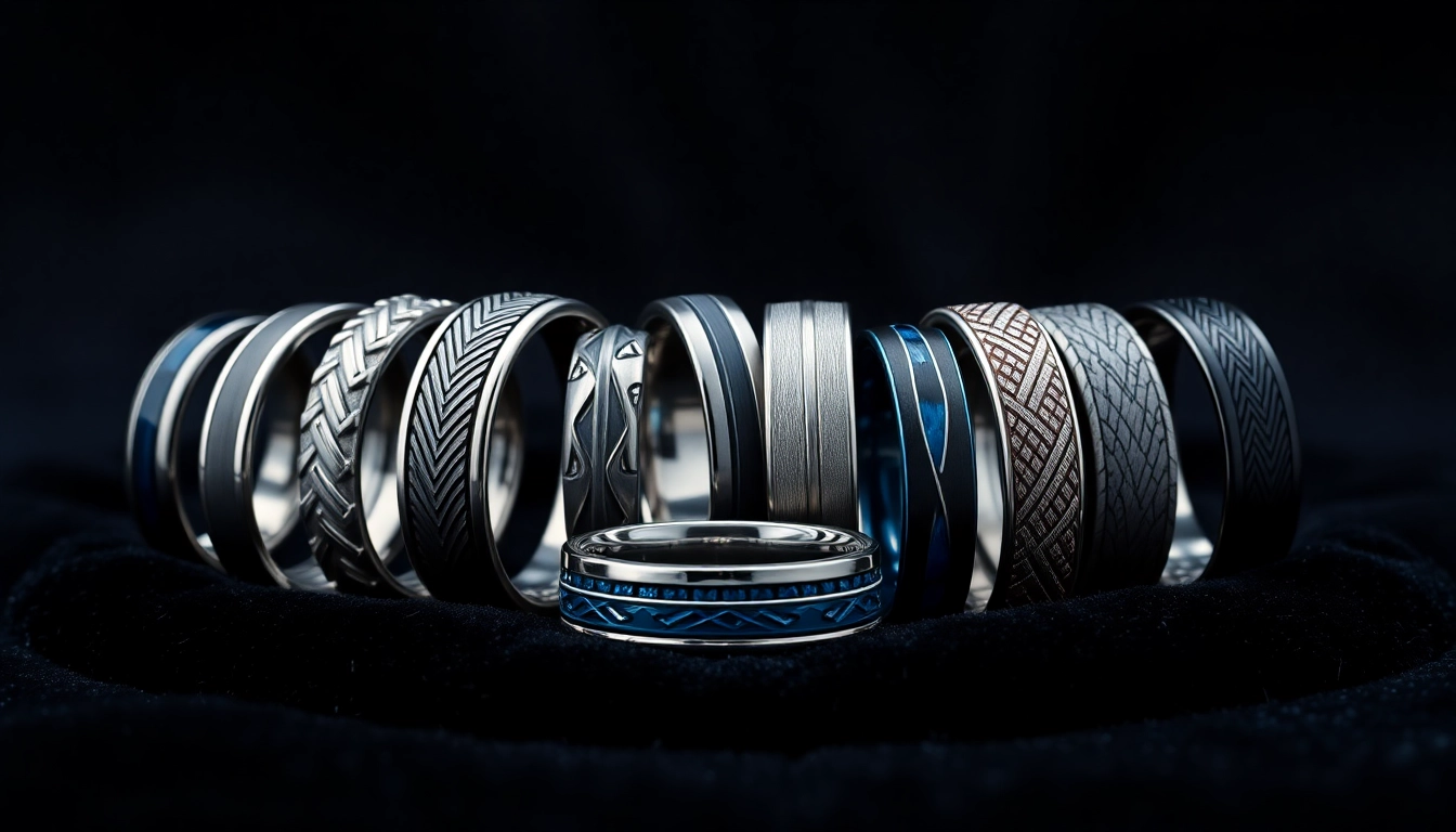 Tungsten rings arranged artistically on velvet, showcasing textures and elegance.