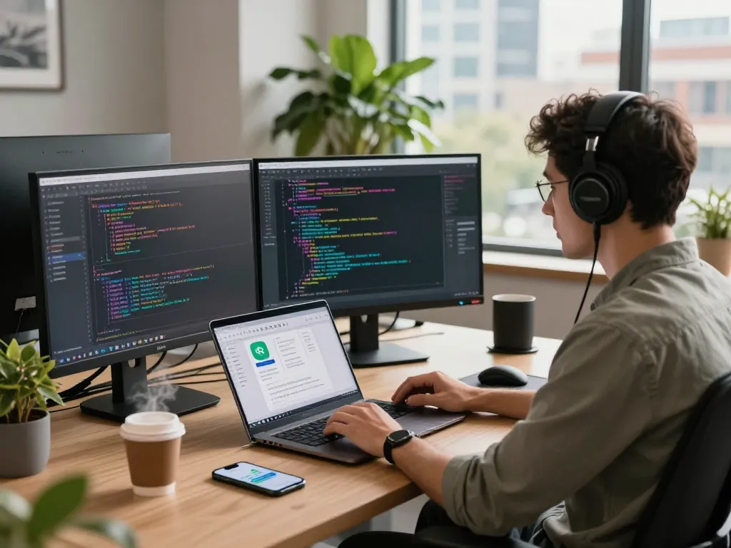 Developer coding on dual monitors with vibrant code, showcasing hbet in a modern tech workspace.