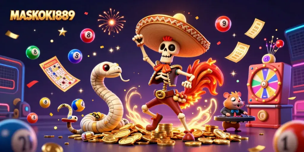 Experience exciting gaming at MASKOKI889 with a vibrant celebration of winnings and animated characters.