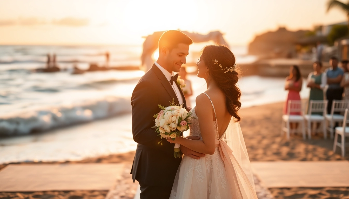 Destination photographer capturing a romantic beach wedding ceremony at sunset.