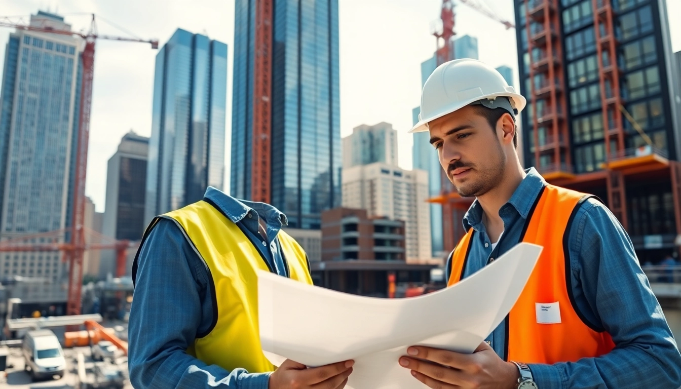New York City Construction Manager inspecting a blueprint at a construction site amidst skyscrapers.