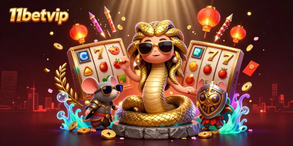 Experience thrilling wins at 11betvip with Medusa and a warrior mouse amidst vibrant casino-themed elements.