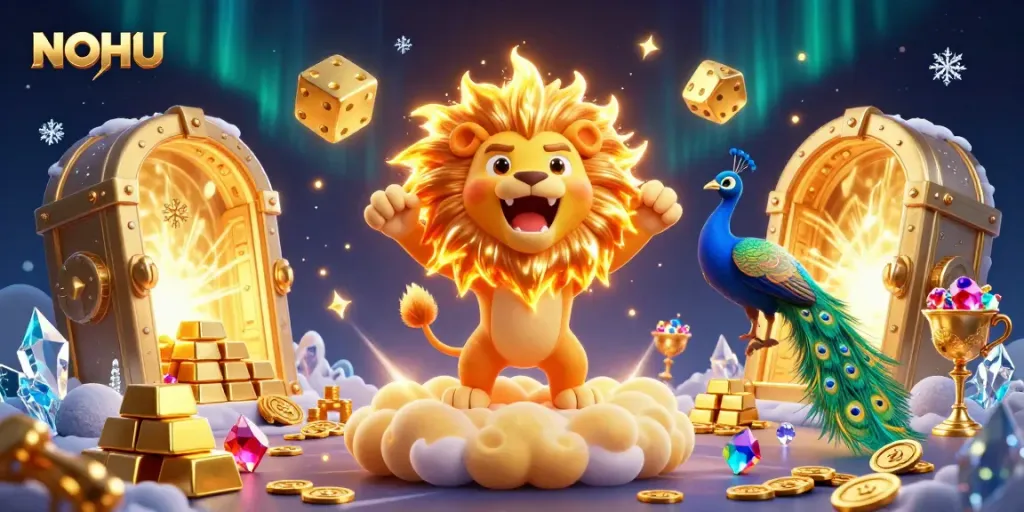 Engage with NOHU while exploring the vibrant 3D illustration featuring a sun lion and golden treasures.