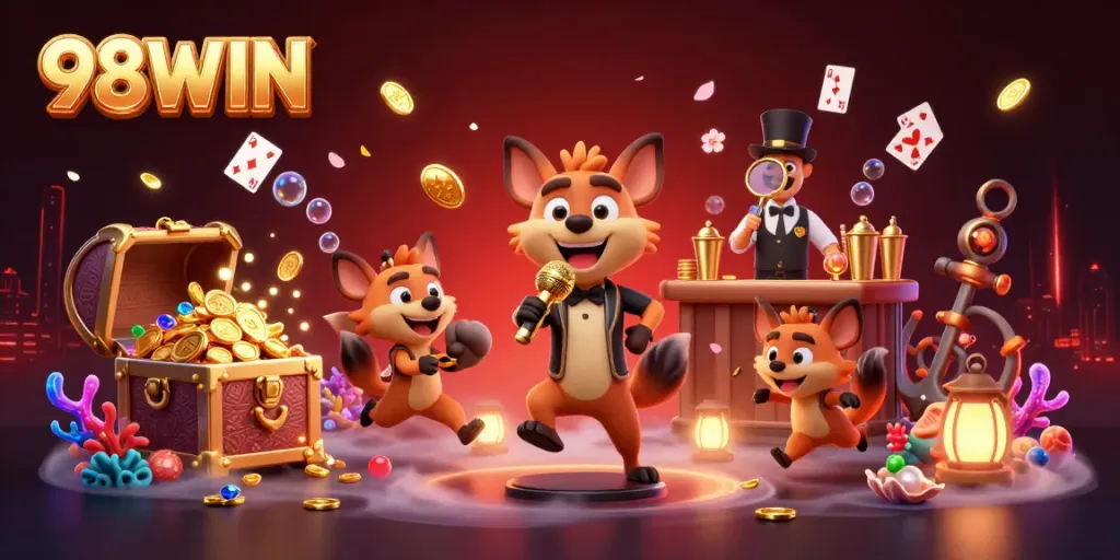 Experience the vibrant comedy casino scene featuring hyenas at 98WIN, amidst gold treasures and playful casino elements.