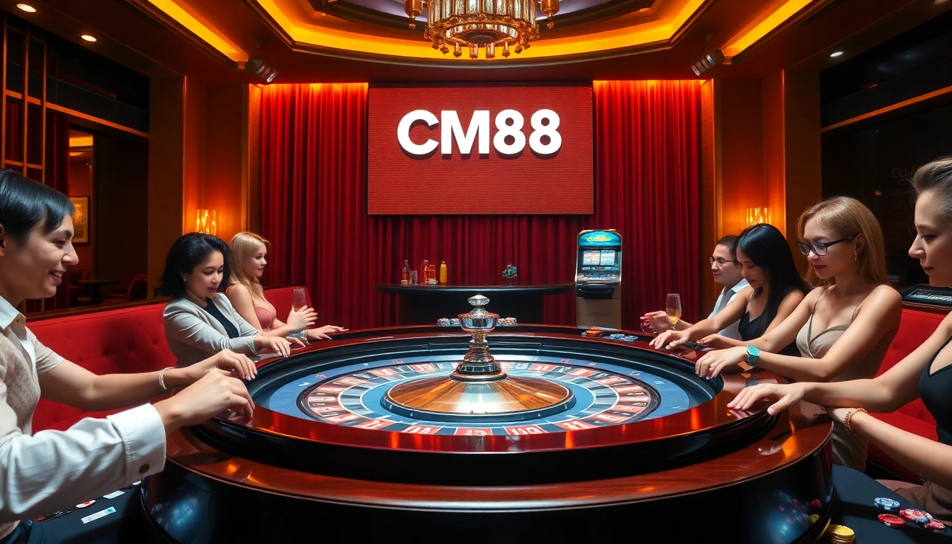 Experience the thrill of gambling at CM88's luxurious casino setting with players at a roulette table.