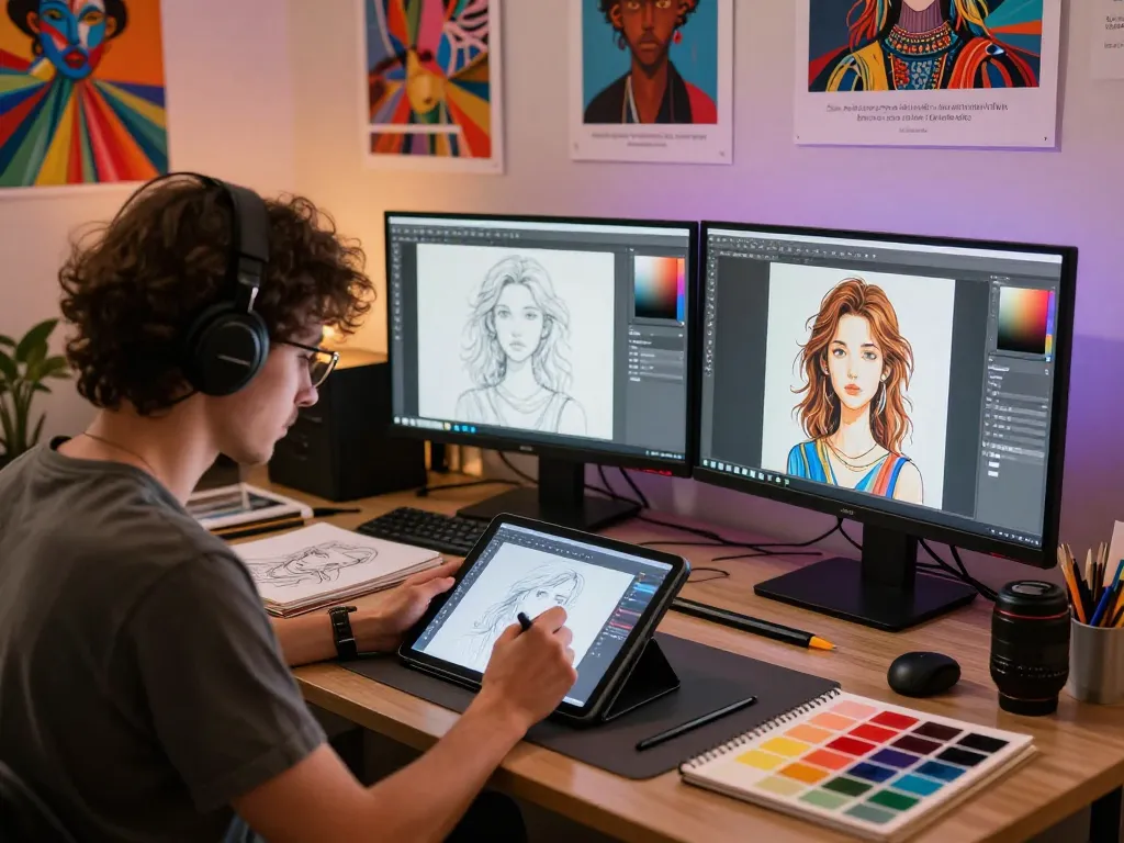 Artist creating AI porn artwork in a digital studio filled with creativity and technology.