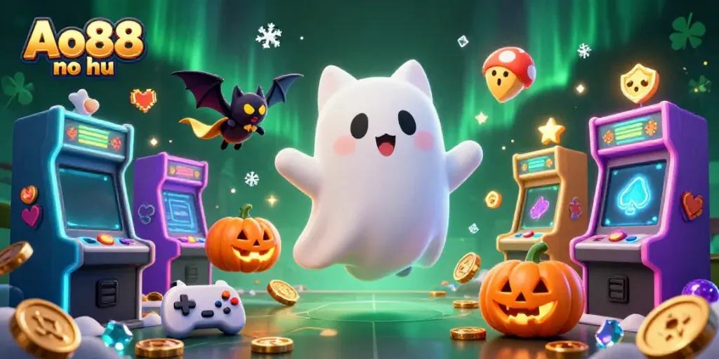 Engage with Ao88 no hu in a lively haunted casino scene packed with vibrant games and spooky characters.