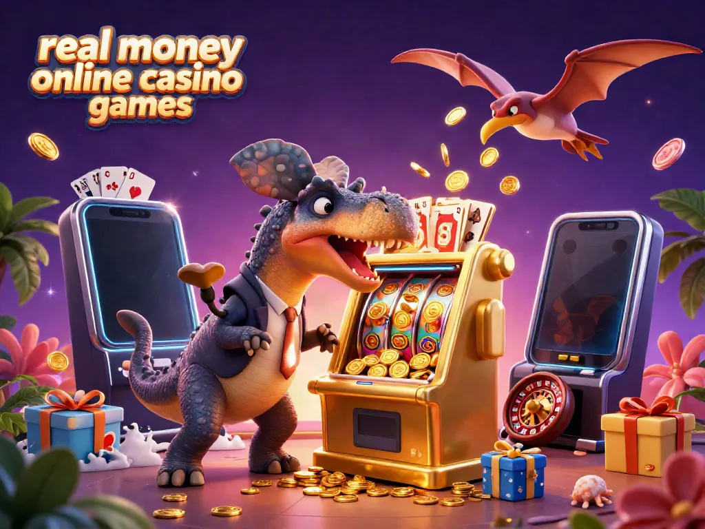 Experience thrilling actions in real money online casino games with a pachycephalosaurus, slot machine, and flying coins.