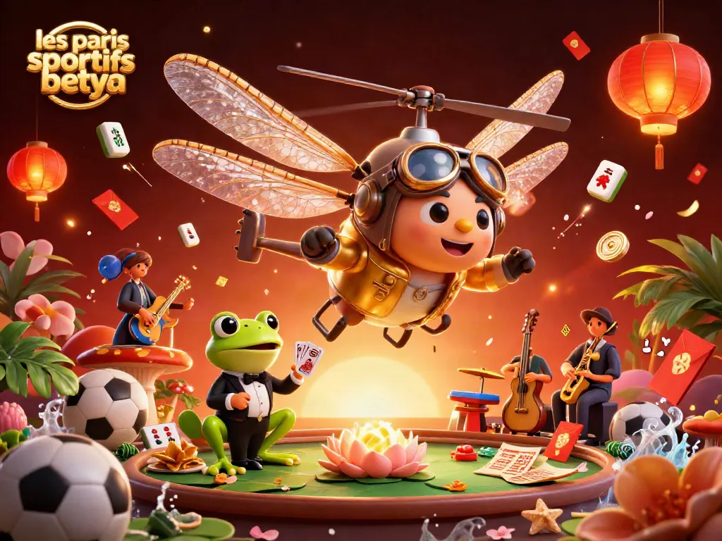Engage in les paris sportifs betya with a vibrant scene featuring a whimsical dragonfly pilot and a frog croupier.