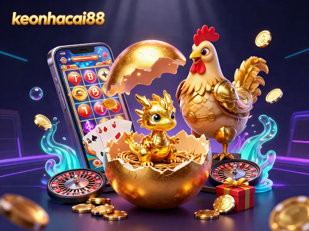 Engage with keonhacai88 and watch a golden dragon emerge amidst poker chips in an exciting gaming scene.