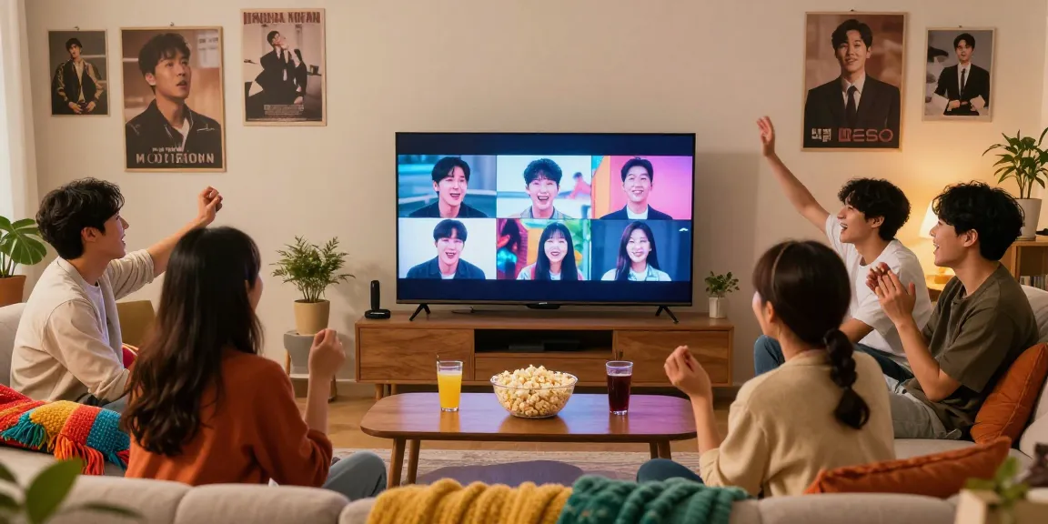 Enjoying a cozy movie night with friends while nonton bokep korea in a vibrant living room.