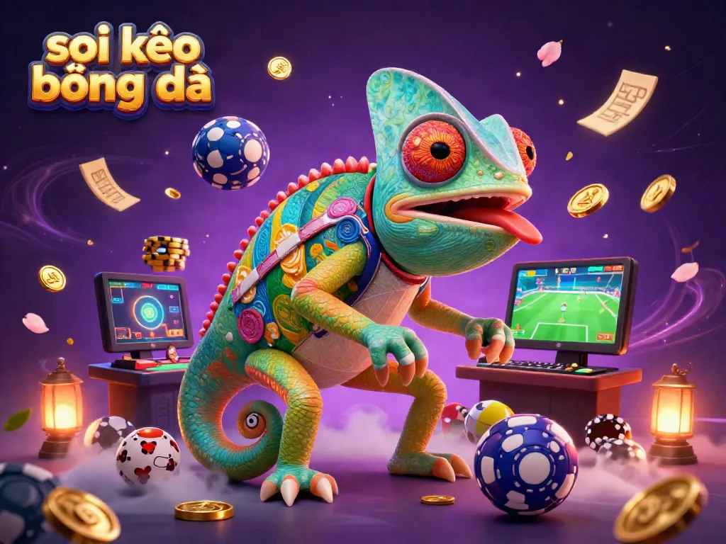 Place bets on soi kèo bóng đá with our dynamic chameleon casino character amidst vibrant sports elements.