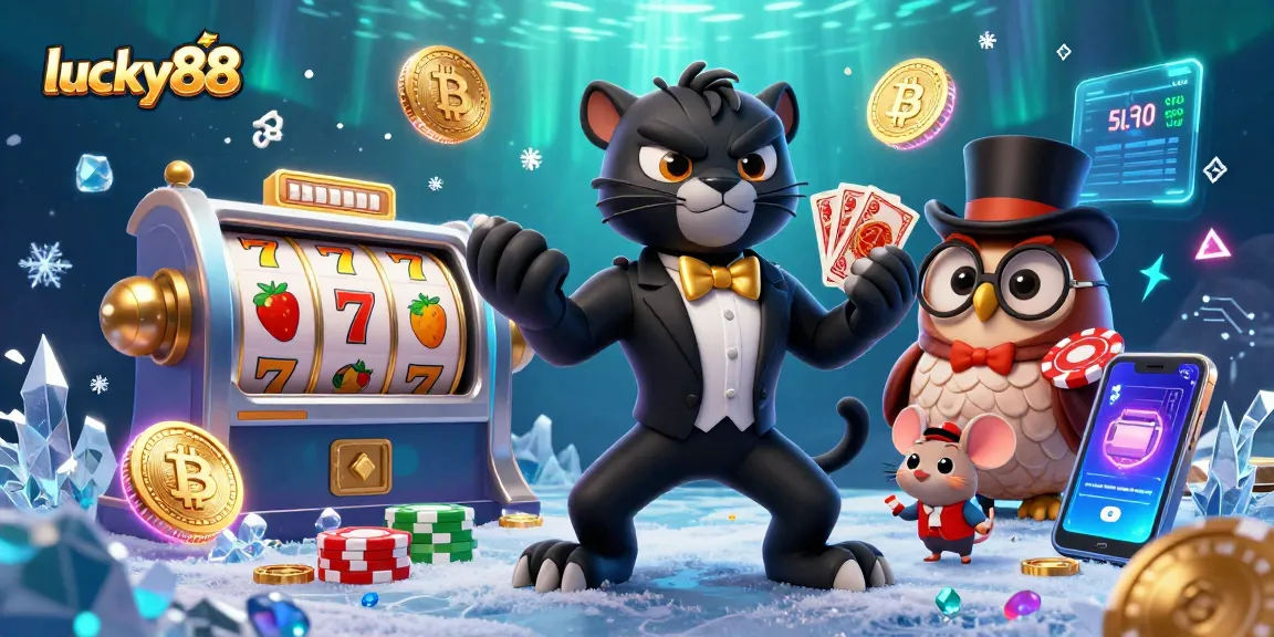 Spin to win with lucky88 in this vibrant 3D casino scene featuring characters and slot game elements.