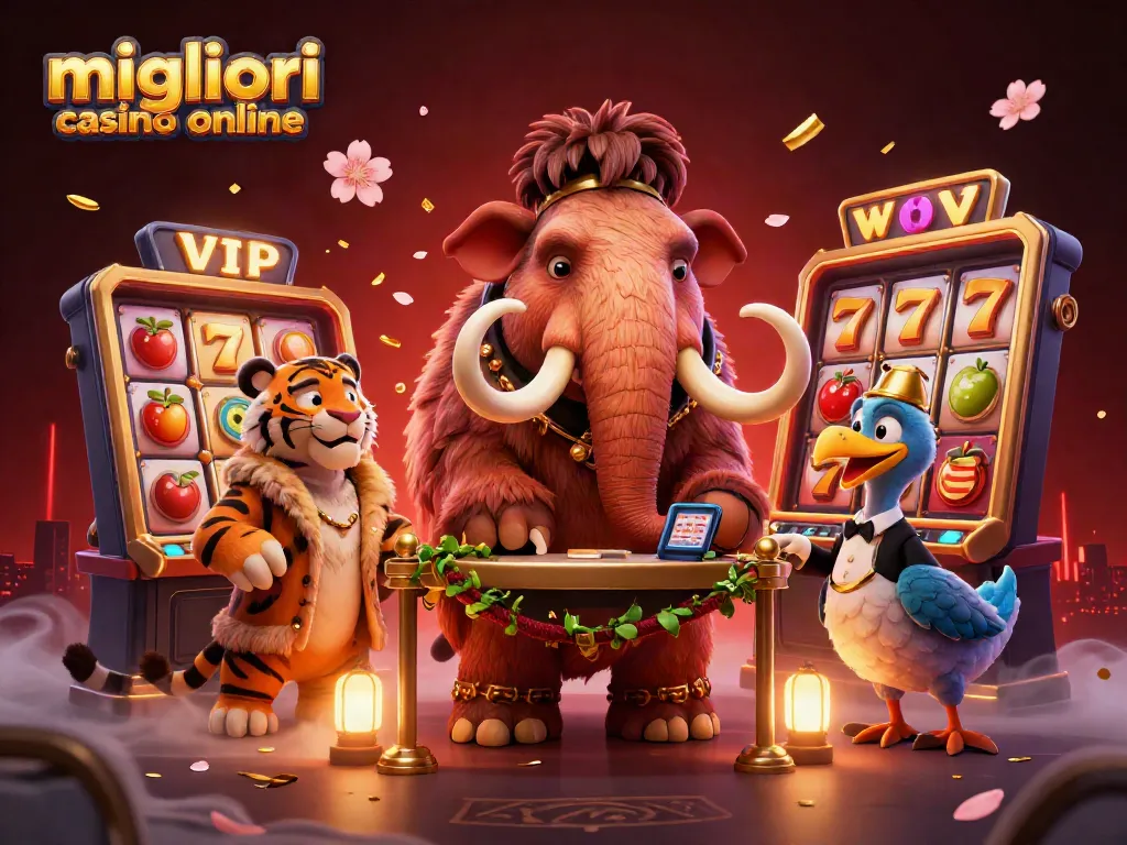 Scopri i migliori casino online con un mammut bouncer e tigre VIP, nel cuore di una festa casinò animata.