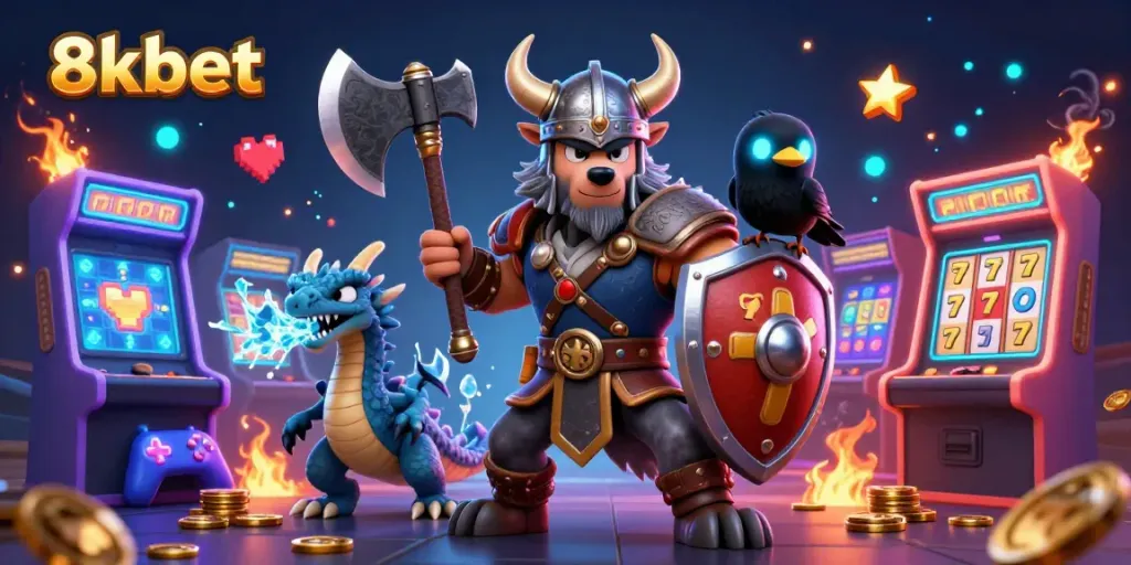 Engage with the thrilling world of 8xbet's casino adventures, featuring a Viking wolf warrior and a fierce dragon.
