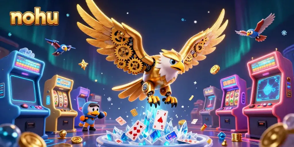 Experience the nohu excitement with a cybernetic eagle amidst vibrant casino elements.