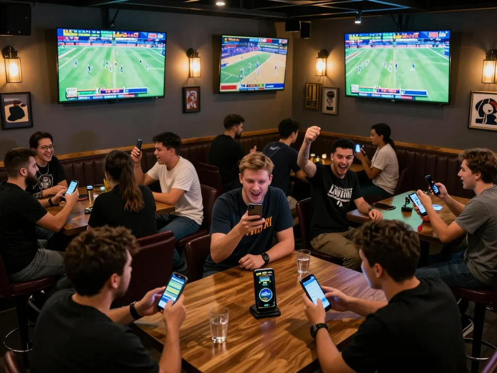 Sports betting excitement at MM88 with friends celebrating winning bets in a lively sports bar atmosphere