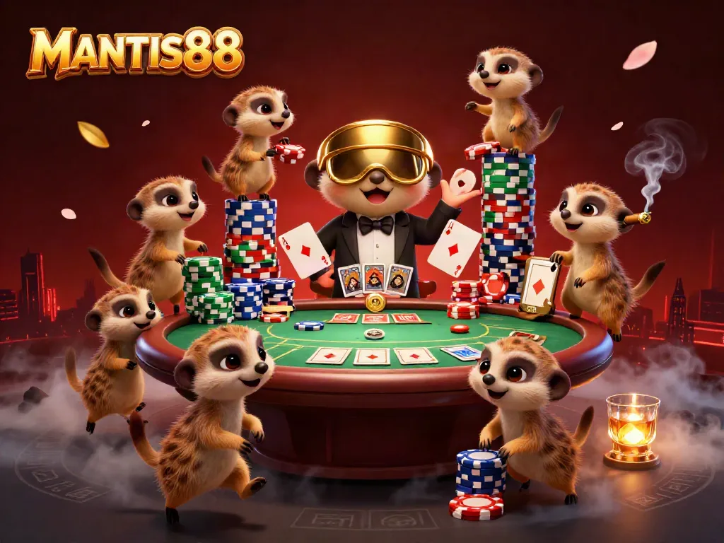 Experience the thrill of MANTIS88 casino action with meerkats in a vibrant, lively game scene.