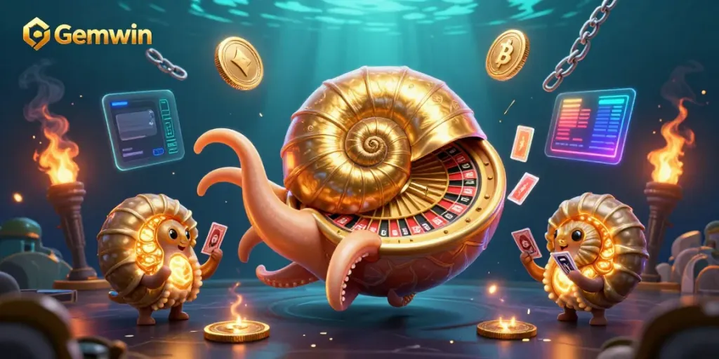 Experience Gemwin with a lively scene of a giant nautilus as a roulette wheel, surrounded by vibrant crypto elements.