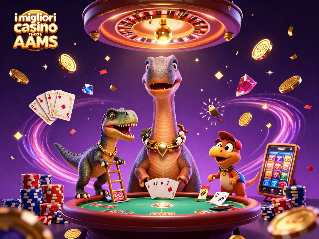 I migliori casino non AAMS: Un brontosauro gigante guarda un tavolo da poker mentre un raptor distribuisce carte in un vivace casino.
