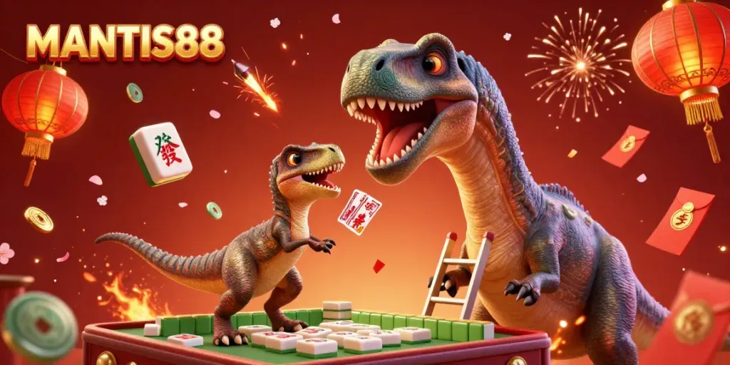 MANTIS88 brings vibrant energy to online gaming, featuring a whimsical dinosaur dealing cards in a lively casino.