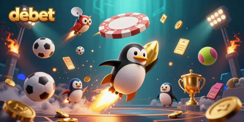 Experience debet with the dynamic rocket-powered penguin and vibrant casino elements in space.