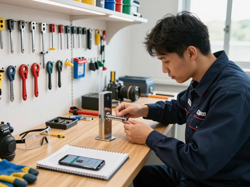 PSL Lock and Key technician repairing a high-security lock in a professional workshop, showcasing expert craftsmanship and tools.