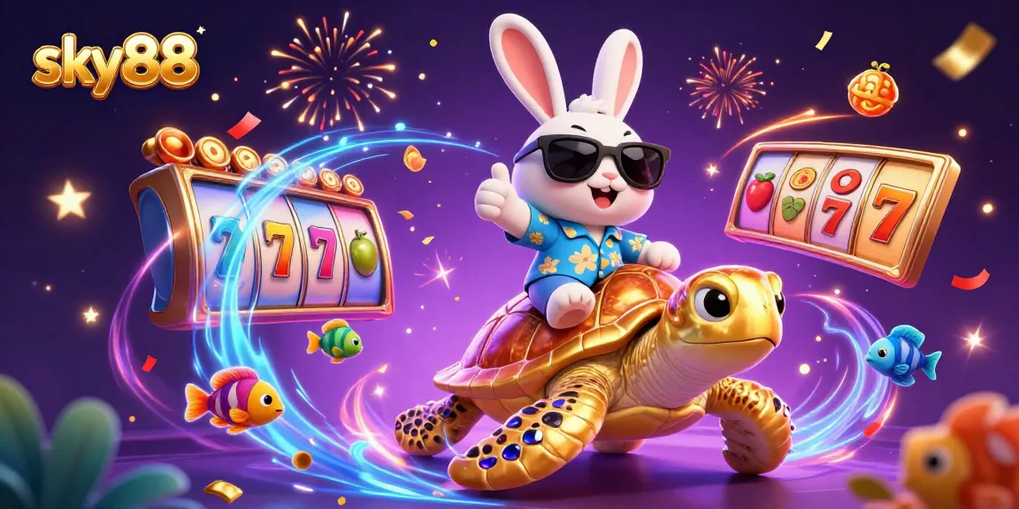 Experience excitement at sky88 with a lucky rabbit and golden turtle in a vibrant slot and jackpot theme