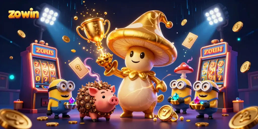 Experience the magic of zo win with a golden mushroom wizard and vibrant casino elements in play.
