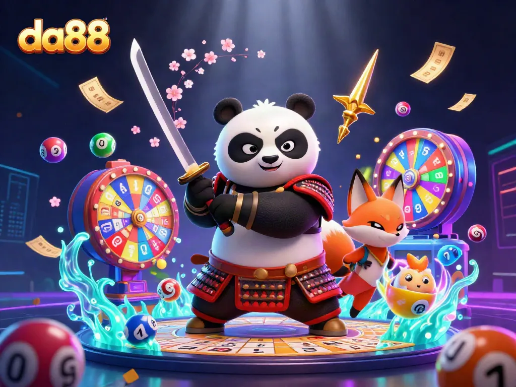 Experience thrilling gaming excitement at da88 with a playful samurai panda, ninja fox, and spirit tanuki.