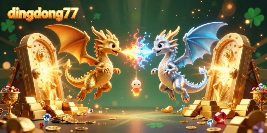 Experience thrilling gameplay at dingdong77 with vibrant dragons and treasure amid a captivating casino backdrop.