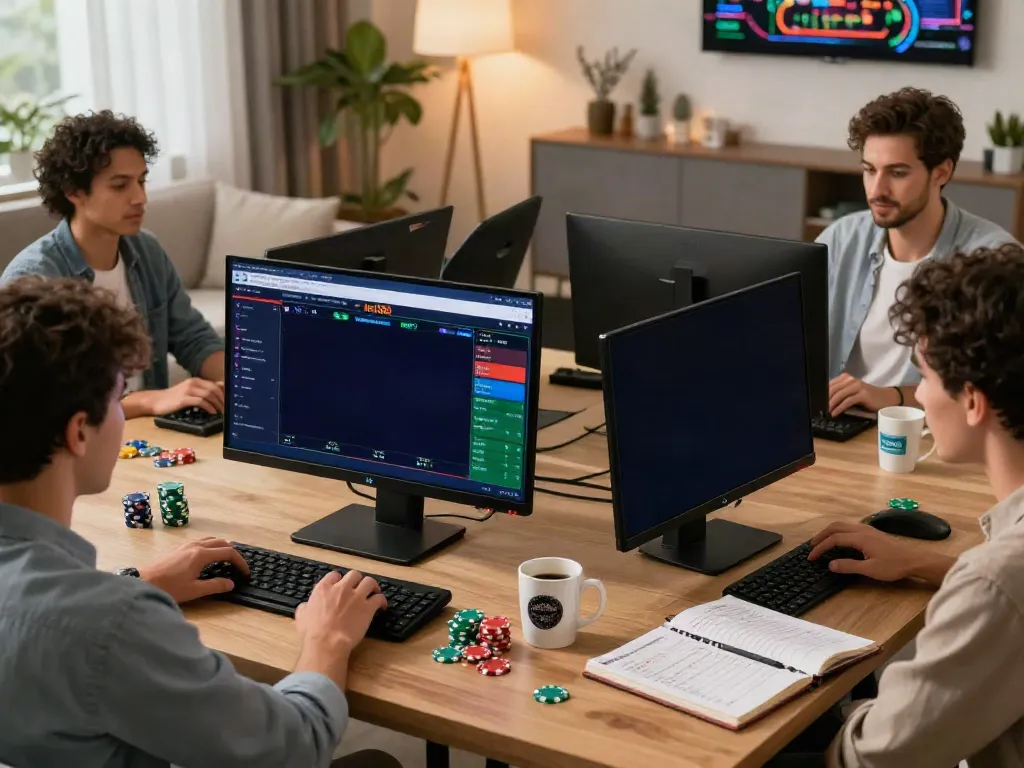 Diverse players enjoying net88 online betting with modern tech and vibrant atmosphere.