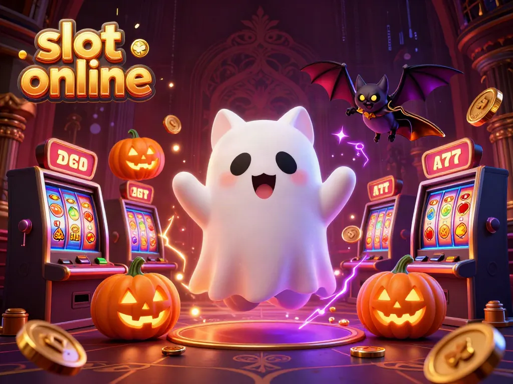 Spinning slot machines and friendly ghost cat create a vibrant slot online experience.