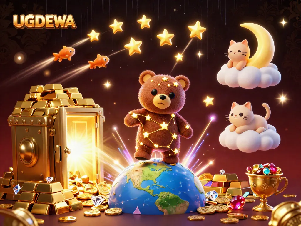 Engage with exciting games at UGDEWA, featuring a dynamic scene with gold elements and fantasy characters.