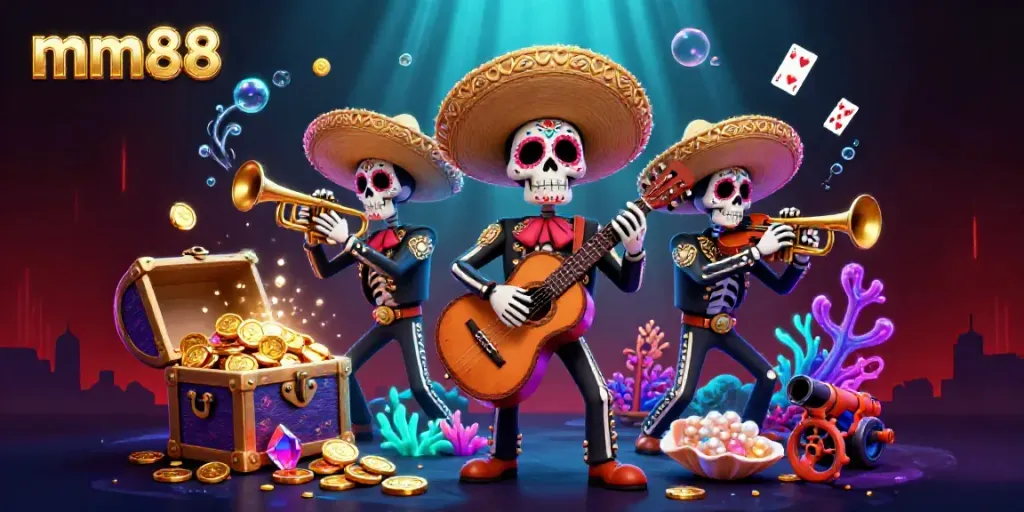 Experience the thrill of mm88 with a lively mariachi band illustration in a vibrant gaming scene.