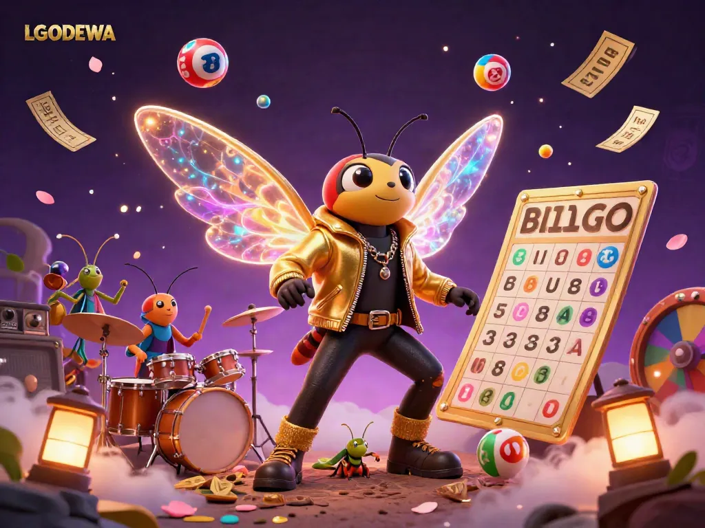 Experience gaming fun as LGODEWA features a rock star cicada with vibrant lottery elements and golden treasures.