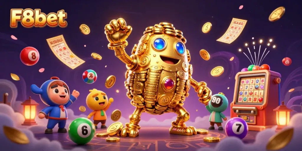 Experience F8bet with a dynamic casino scene featuring a golden golem and colorful game elements.