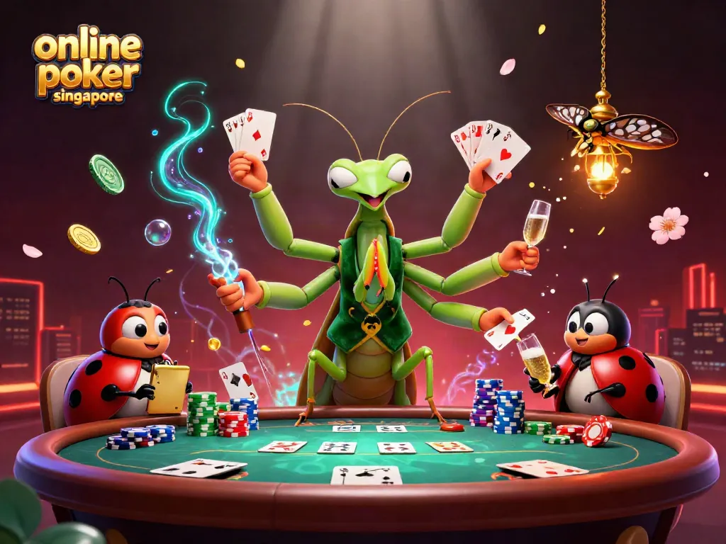 Play exciting online poker in Singapore with vibrant characters in a lively atmosphere.