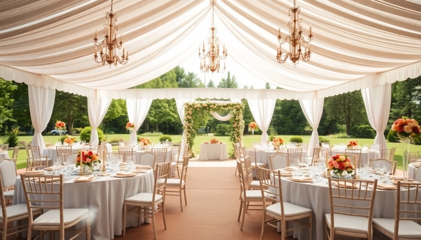 Stunning Wedding Tent Chair & Table Rentals setup showcasing elegant decor and floral arrangements.