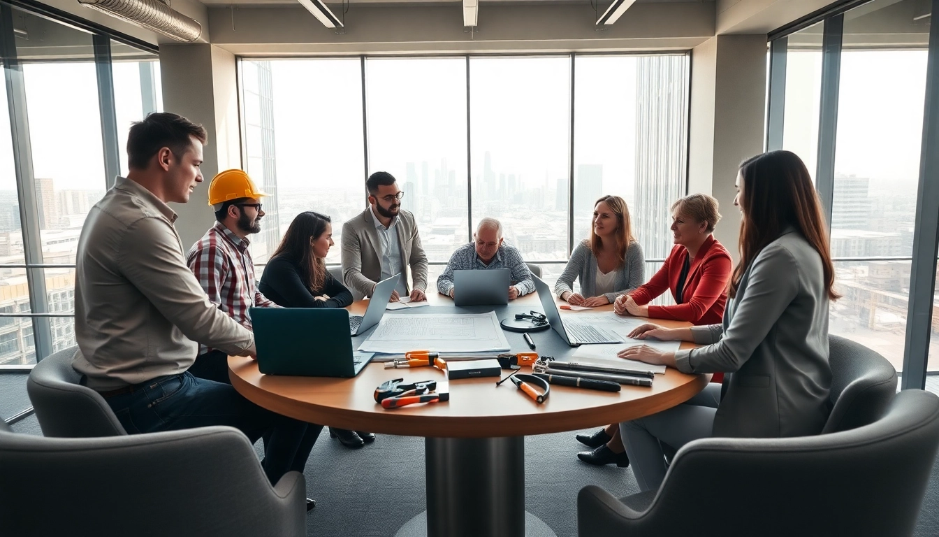 Engaged members of a construction member organization brainstorming ideas around a table filled with blueprints and tools.