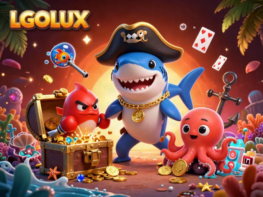 Experience the excitement of LGOLUX with a vibrant underwater casino scene featuring a playful pirate shark and friends.