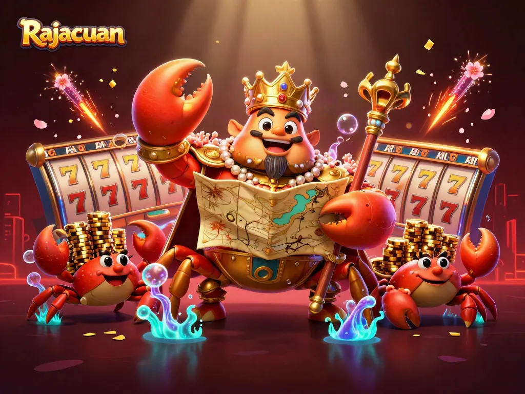 Spin to win with Rajacuan's golden crab emperor and vibrant slot reels in an engaging online casino scene.