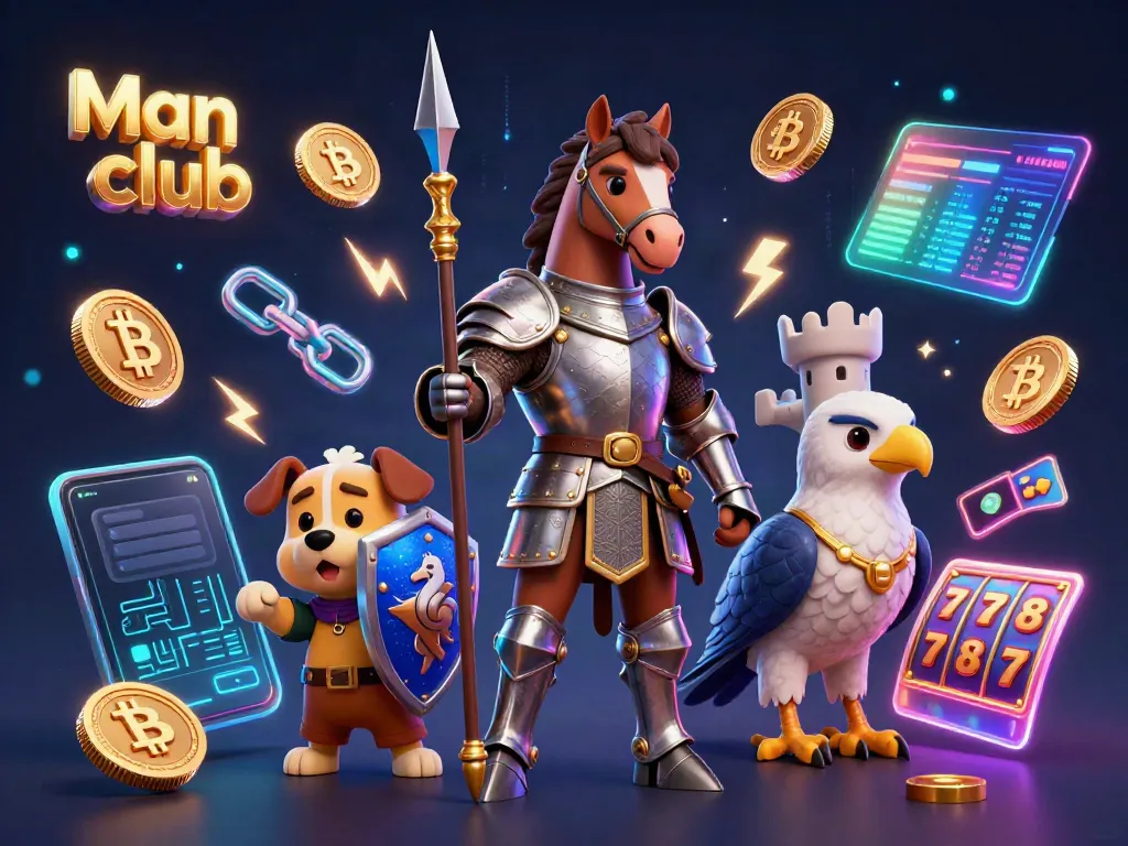 Engage with the Man club as a medieval knight, squire, and falcon amidst vibrant casino elements.