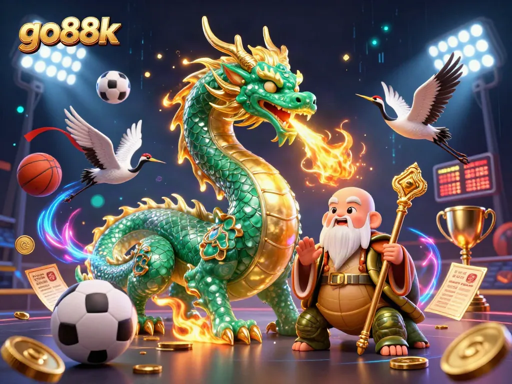 Experience winning moments with go88k, featuring a vibrant 3D dragon and sports elements in an energetic casino scene.